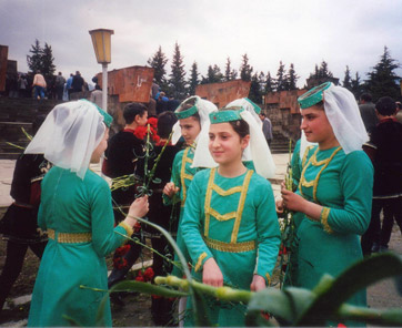 Children in traditional dance costumes at the opening of the Stepanakert Boarding School, 1997